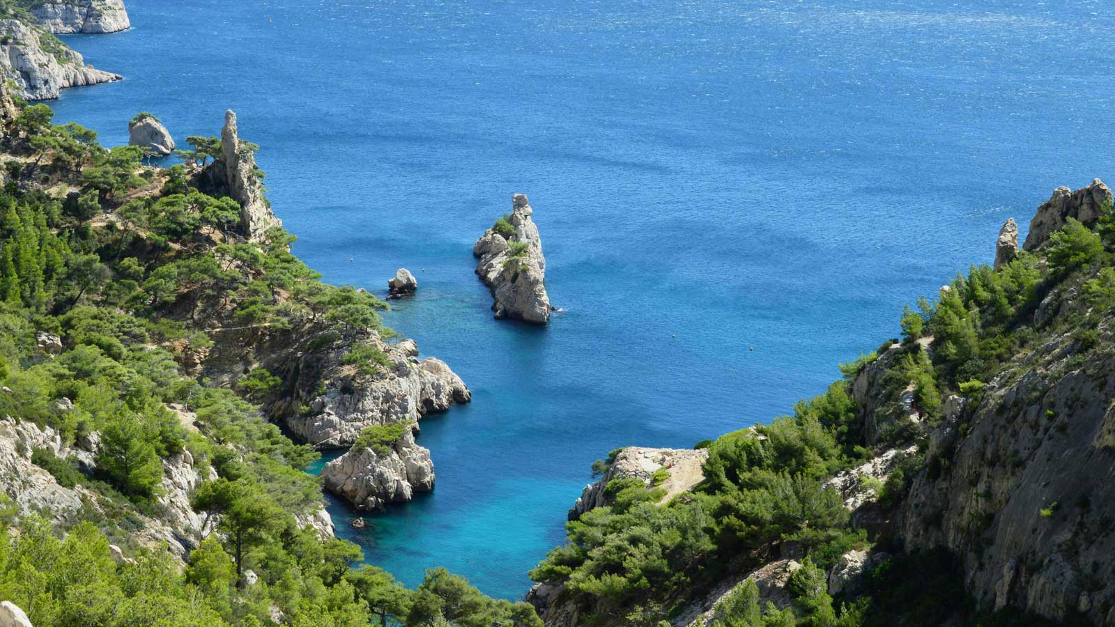 Acantilados rocosos cubiertos de vegetación mediterránea que se sumergen en las aguas azules y turquesas del Parque Nacional de Calanques. Una roca con forma de dedo se encuentra en el medio del agua.